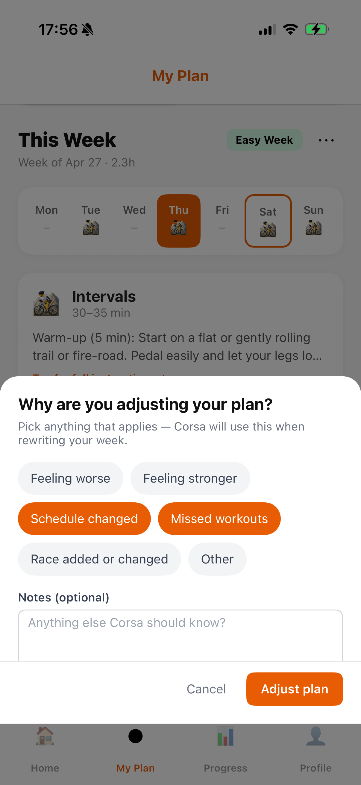 Corsa adjust-plan modal — pick reasons and add a note