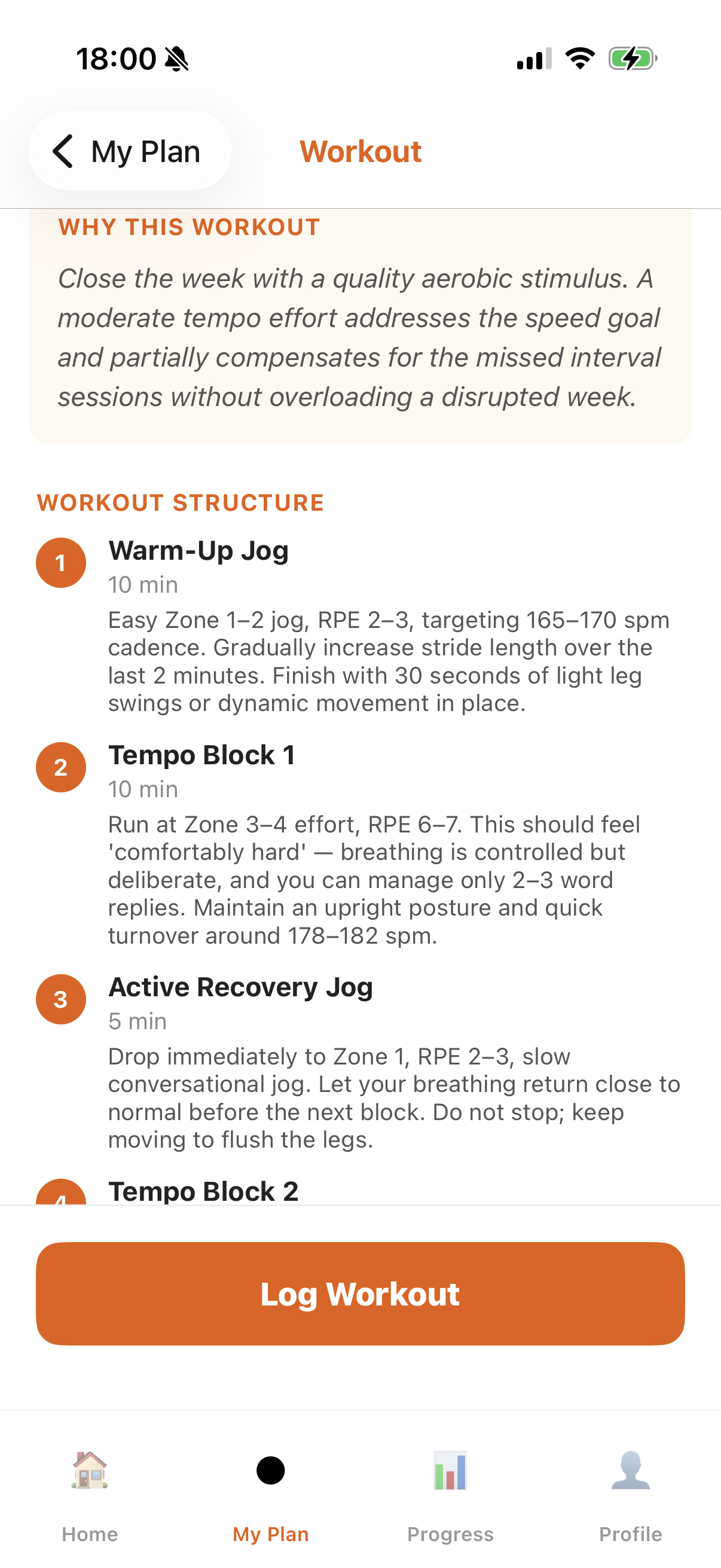 Corsa workout detail with the plain-language ‘why this workout’
