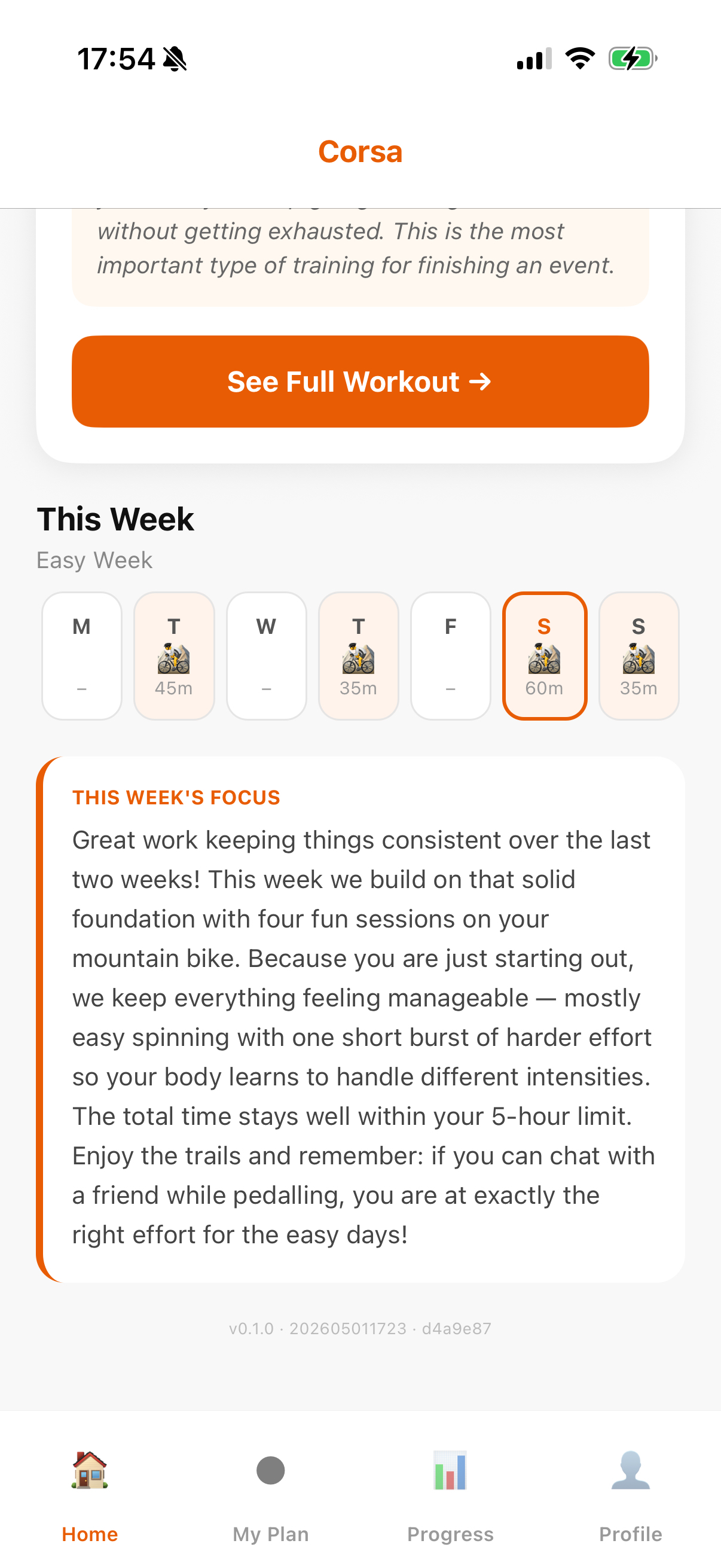 Corsa youth athlete weekly plan — mountain-bike sessions and the week’s focus